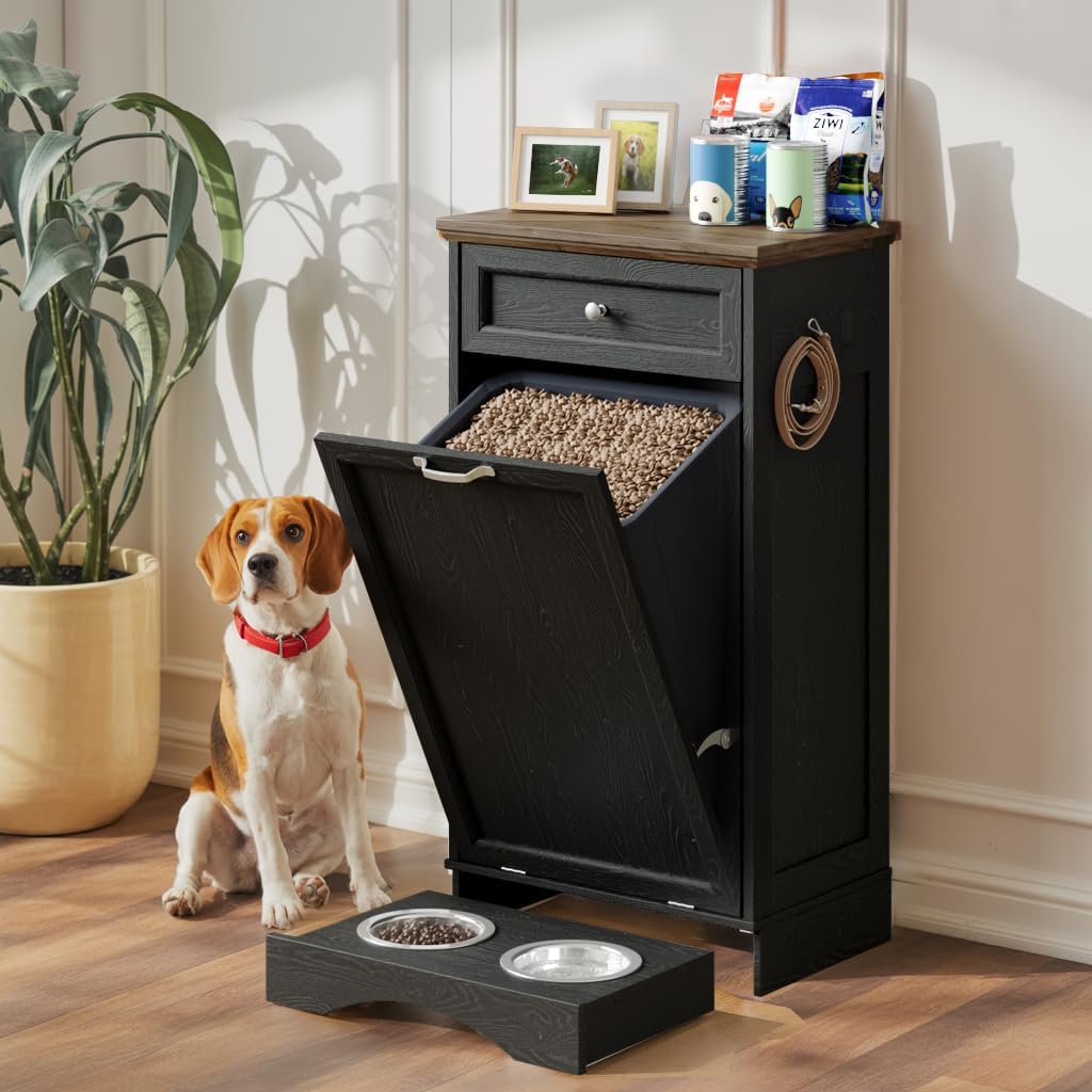 FIMELLO Dog Feeding Station, Tilt-Out Dog Food Storage Cabinet with Drawer,Pet Feeder Cabinet,Black Grain