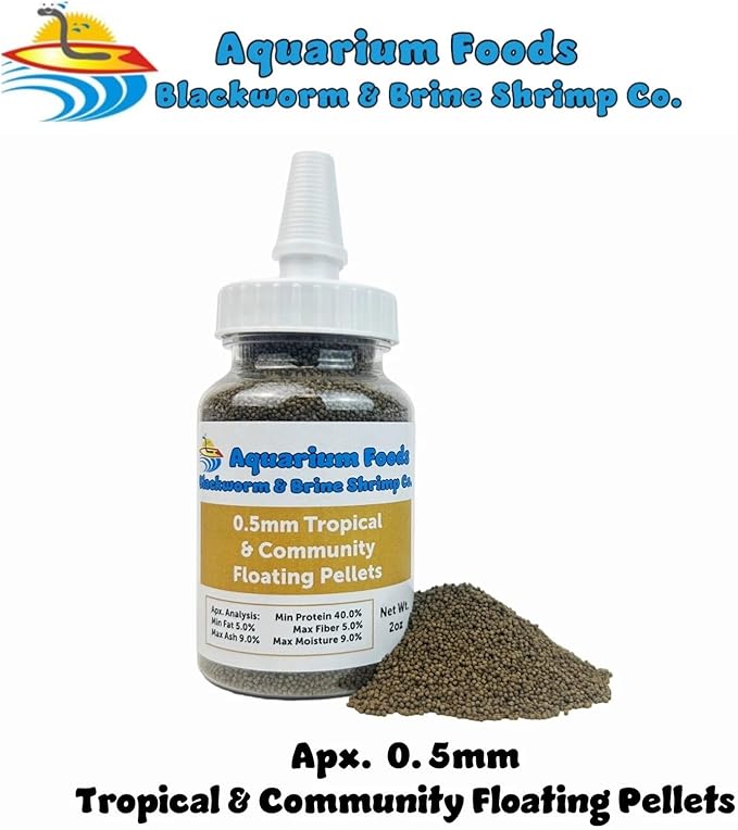 Aquatic Foods Inc. 0.5mm Tropical & Community Fish High Protein Micro Floating Pellets for Baby Cichlids, Bettas, Tetras, Guppies, Baby Koi & Pond Fish…2oz Squeeze Bottle