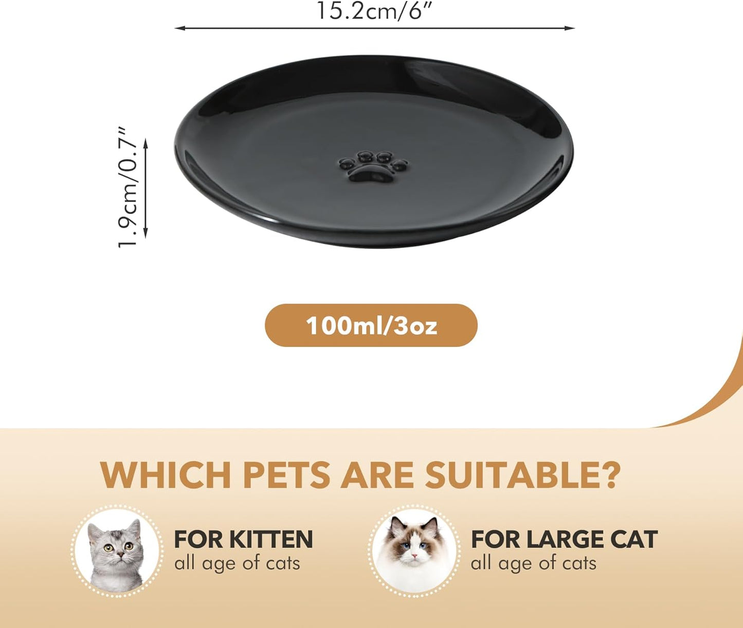 6.1'' Ceramic Wide Cat Dishes, Set of 3 Ceramic Cat Bowls, Indoor Kitten Feeding Wet & Dry Shallow Food Dish Anti Whisker Fatigue(3 Pcs, Black)