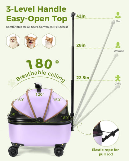 Lekereise Cat Carrier with Wheels (Purple), 180° Wide Open Rolling Cat Carrier for Social Outings, Stylish Design for Coffee Shops/Shopping, Soft-Sided Travel Tote for Cats & Small Dogs