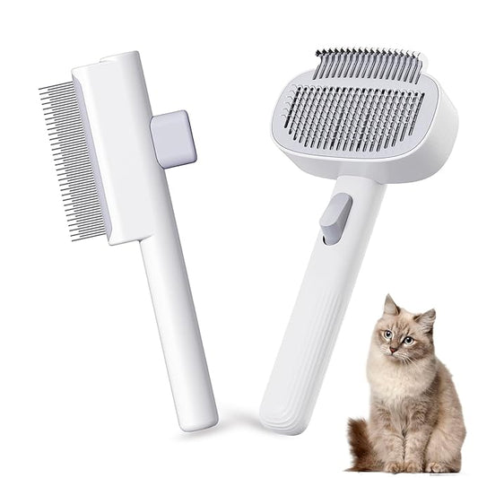 Pet Grooming Combo with Release Button - 2-in-1 Pet Detangling Brush and Cat Dematting Comb with Long & Short Stainless Steel Metal Teeth Easy to Remove Loose Undercoat,Matted Fur & Tangles