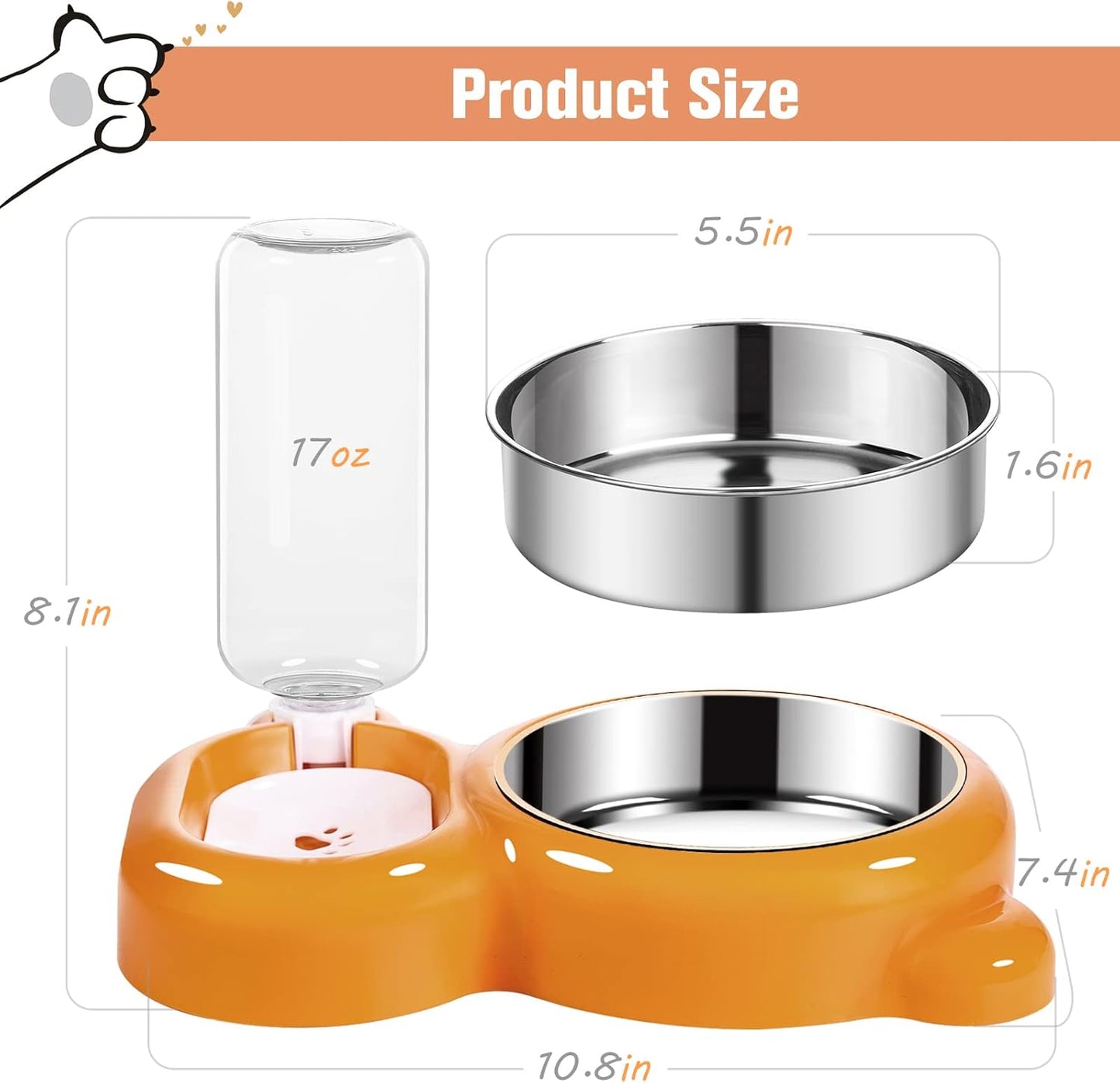 Dog Bowls, Cat Food and Water Bowl Set with Water Dispenser and Stainless Steel Bowl for Cats and Small Dogs - Orange