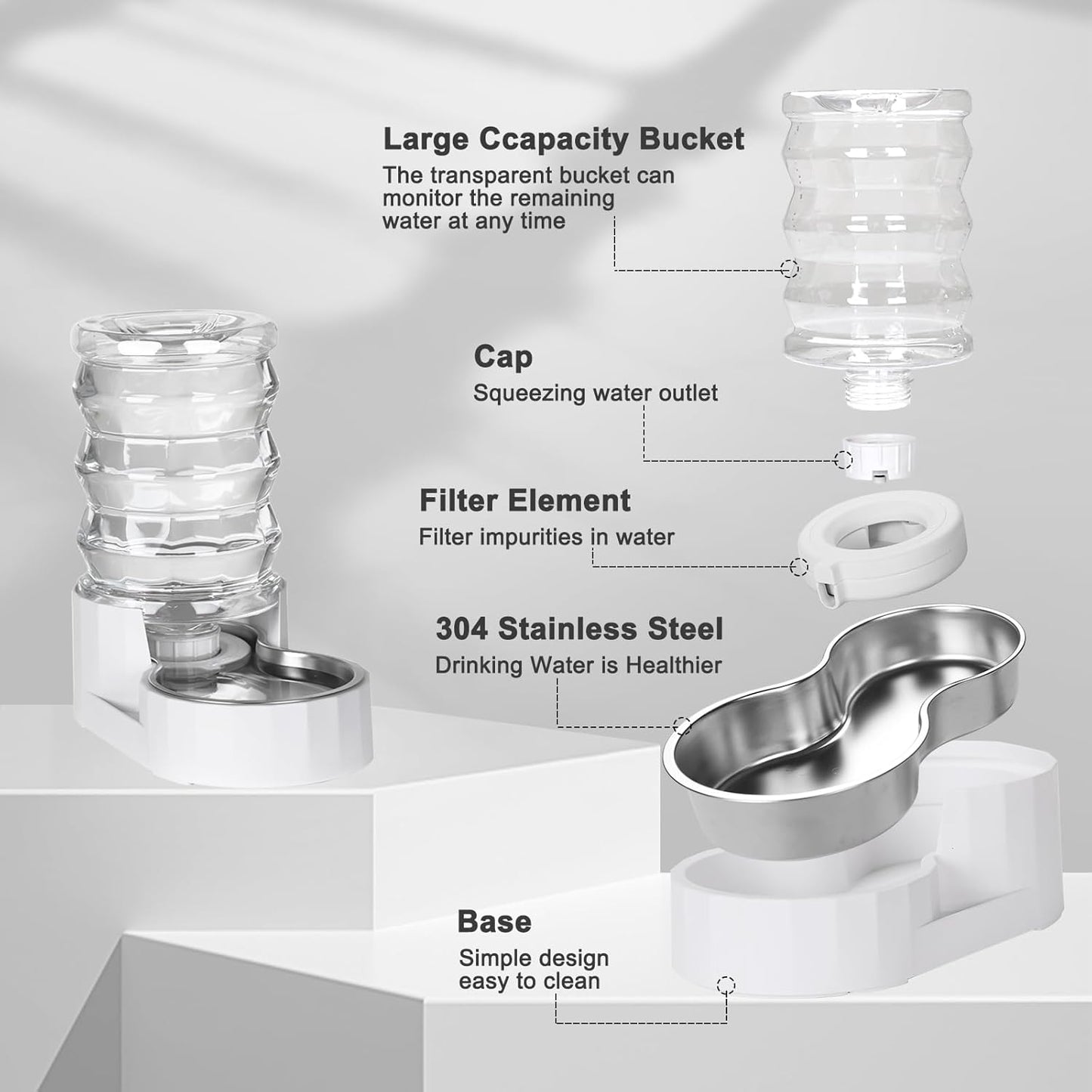 RIZZARI Pet Water Bowl Dispenser: 4L Automatic Stainless Steel Gravity Feeder - Large Capacity for 8-20 LB Cats and Dogs with Joint Spine Pain - for Kitchen Bedroom