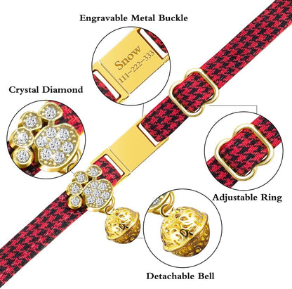 Personalized Breakaway Cat Collars - Magnetic Buckle, Bell - Safety Quick Release, Customized for Girls & Boys Cats- (Houndstooth-Red)
