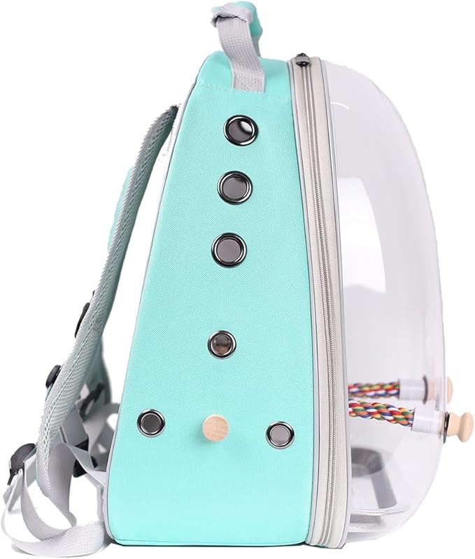 Bird Traval Carrier Cage, Multi Vent Holes Clear Space Capsule Astronaut Backpack to Carry Parakeet Cockatiel Parrot with Metal Tray Wood Perch, Vet Transport Book Bag