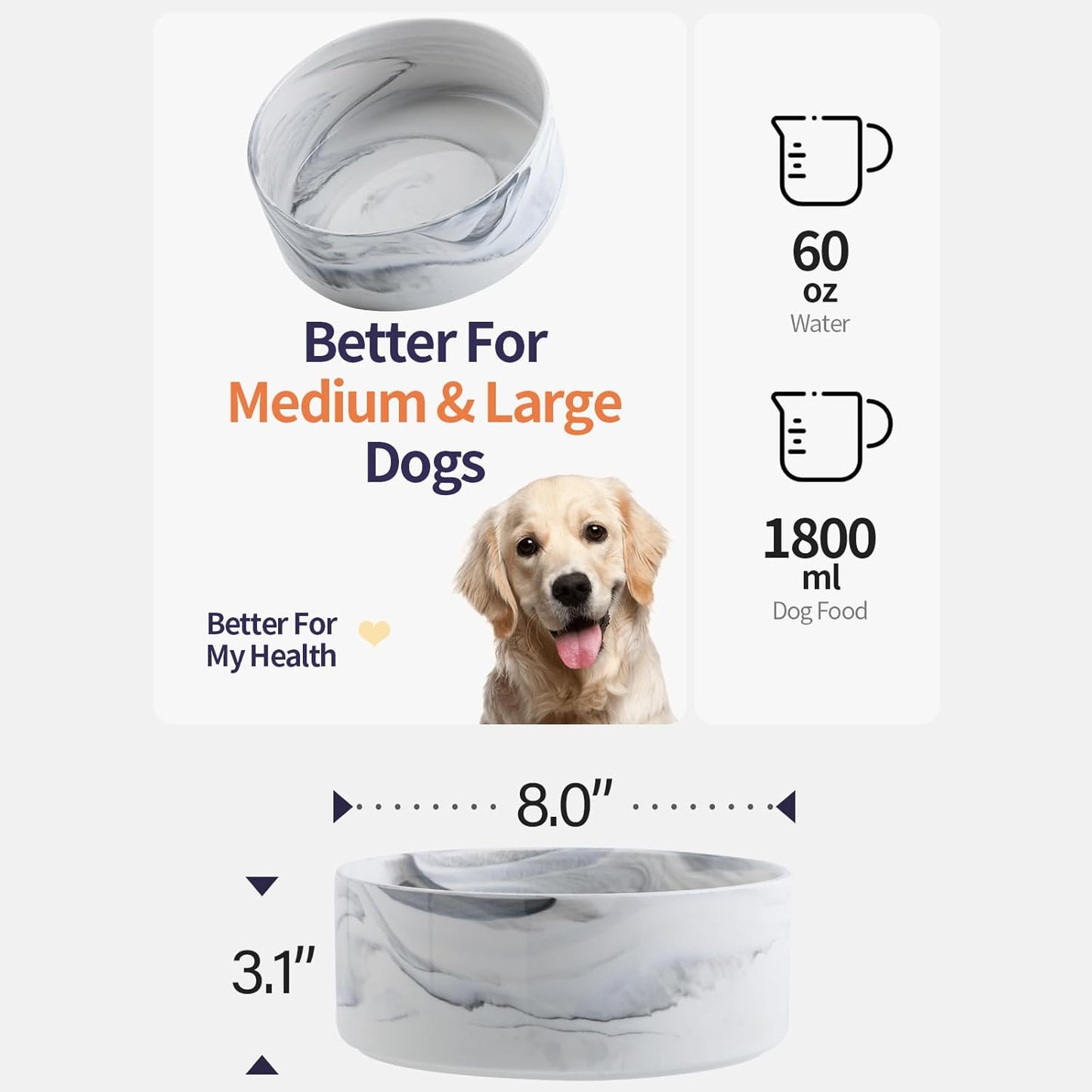 Elevated/Raised Dog Bowl Ceramic for Medium Large Sized Breed,Dog Food Water Bowl with Stand,8 in 7.6 Cups Non Slip Heavy Weighted Marble Grey