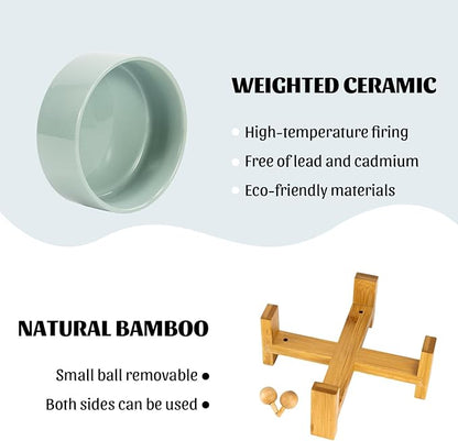 SPUNKYJUNKY 15° Slanted Ceramic Dog and Cat Bowl with Wooden Stand, Tilted Bulldog Food and Water Bowl No Slip Non-Spill for Cats Medium Dogs Big Face Pets 28.7 OZ (3.6 Cups, Morandi Green)