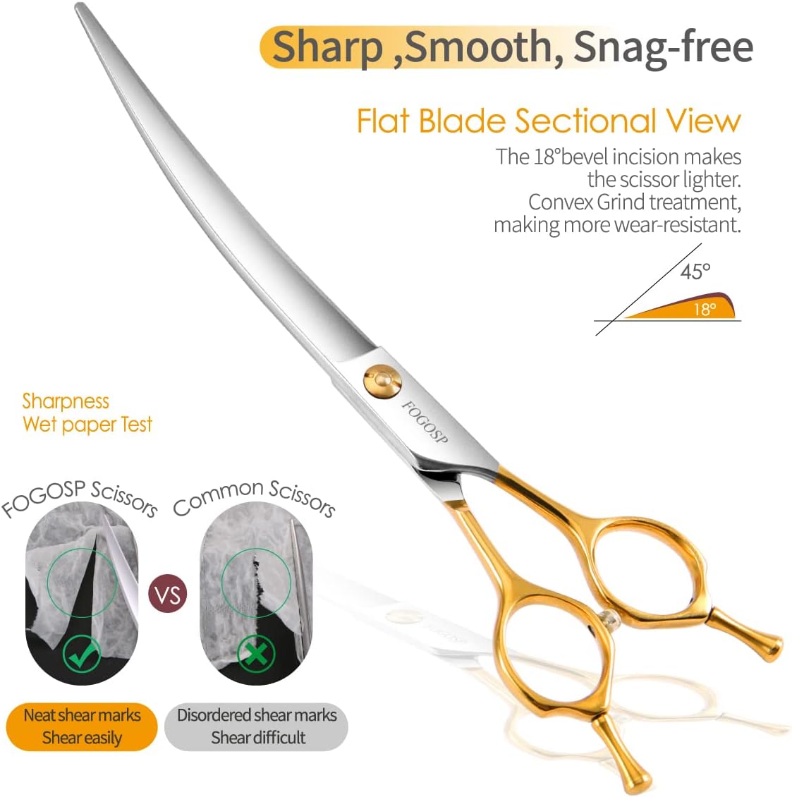 Curved Dog Grooming Scissors Professional 7" Grooming Shears for Dogs Pet Right Handed Groomer Japan 440C Stainless Steel (7 in Curved, Gold)