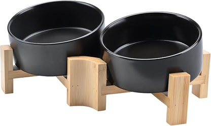 SPUNKYJUNKY 15° Slanted Ceramic Dog and Cat Bowl with Wooden Stand, Tilted Bulldog Food and Water Bowl No Slip Non-Spill for Cats Medium Dogs Big Face Pets 13.5 OZ (1.7 Cups, Black × 2)