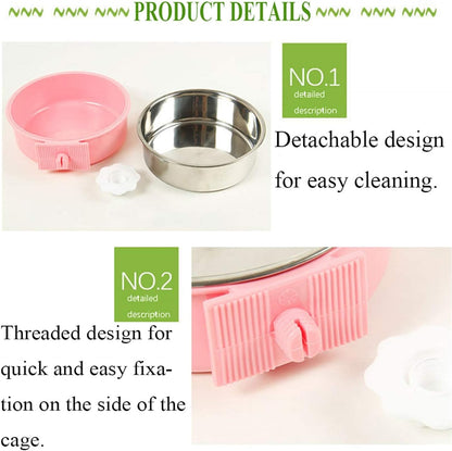 kathson Crate Dog Bowl, Removable Stainless Steel Hanging Pet Cage Bowl Food & Water Feeder Coop Cup for Cat, Puppy, Birds, Rats, Guinea Pigs (2 PCS, Size: M, Blue and Pink)