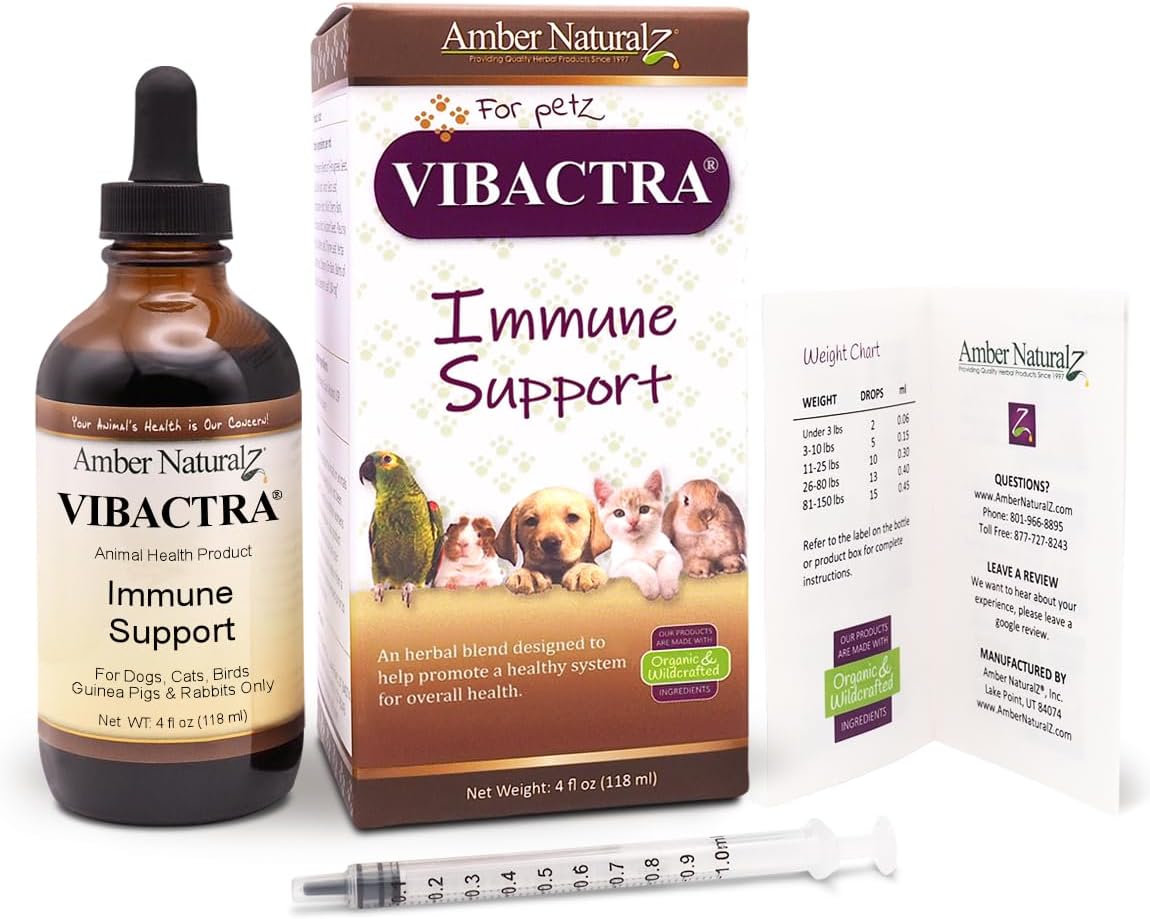Amber NaturalZ Vibactra Immune Support Herbal Supplement for Dogs, Cats, Birds, Guinea Pigs, and Rabbits | Pet Herbal Blend for Overall Health | 4 Fluid Ounce Glass Bottle | Manufactured in The USA