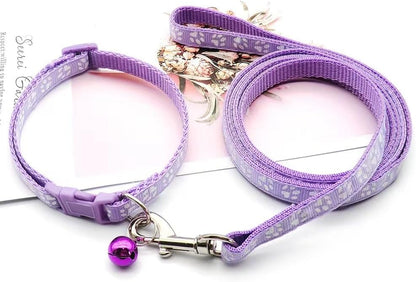 XXS Dog Collar with Bell Leash Set, Nylon Basic Reflective Puppy Collars Paw Print for Boys Girls Xs Small Cat Pet Animal Litter Tiny Kitten,Pale Purple
