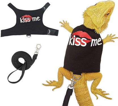 Bearded Dragon Harness and Leash Set - Cute Lizard Reptile Small Animal Adjustable Harness Clothes with Short Leash for Walking Outdoor (Black)
