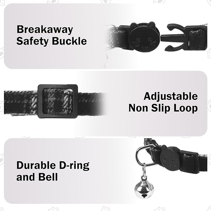 Airtag Cat Collar Breakaway, Cat Collar with Airtag Holder with Bells and Bowtie for Girl Boy Cats, Lightweight Adjustable Kitten Plaid Collars GPS Tracker Holder for Small Dogs Pets, Black
