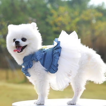 ANIAC Blue Denim Dog Dresses for Small Dog Girl Spring Summer Puppy Clothes Fancy Dress for Dogs Cat White Lace Pet Tutu Outfit for Birthday Wedding Valentine(Large)