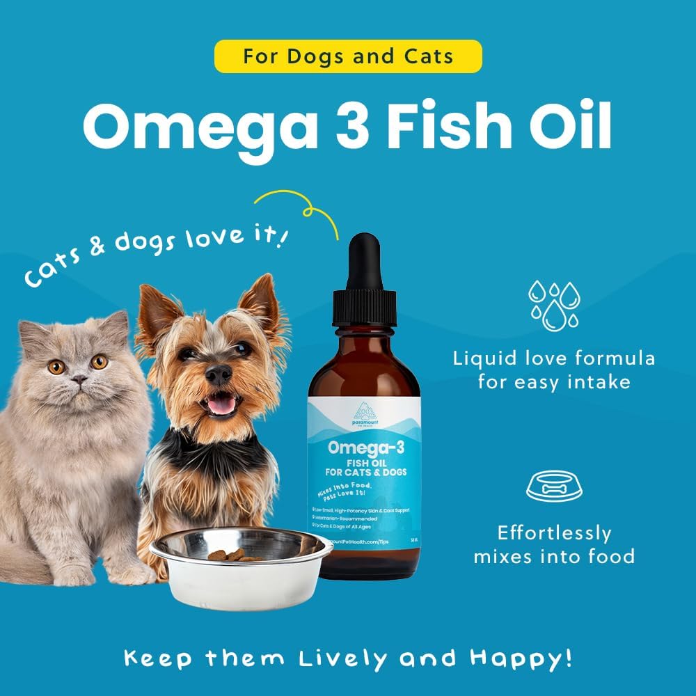 Wild-Caught Omega 3 Fish Oil for Dogs & Cats, Liquid EPA DHA Supplement for Skin, Coat, Joints & Heart, Low-Odor Omega 3 Drops for Small Dog Breeds & Cats with Itchy Skin, 2 oz