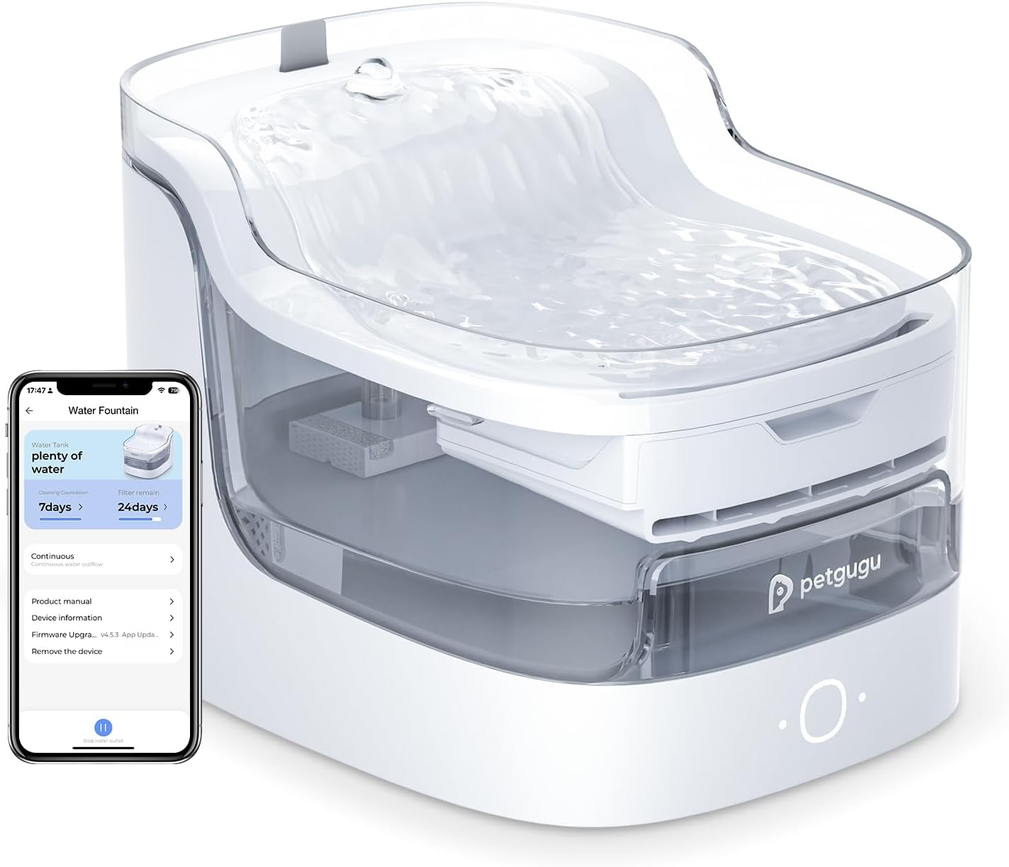 Cat Water Fountain, Automatic Water Dispenser, 2L Pet Water Fountain Transparent Water Tank, 8 Layers Filters Cat Fountain Dog Water Fountain Wireless Pump 2.4G WiFi PF1L