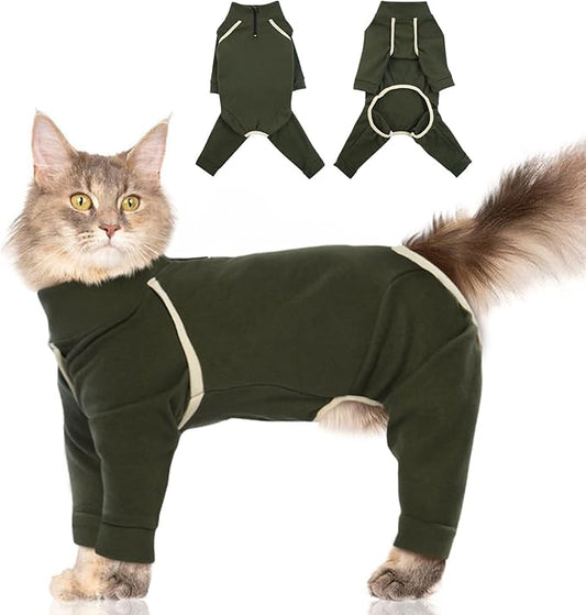 Cat Onesie - Army Green, XXL - Prevents Hair Loss, Sticky Hair Clothes, Pajamas for Cats Only, Hairless Cat Clothes, After Surgery Female, Recovery Long Sleeve