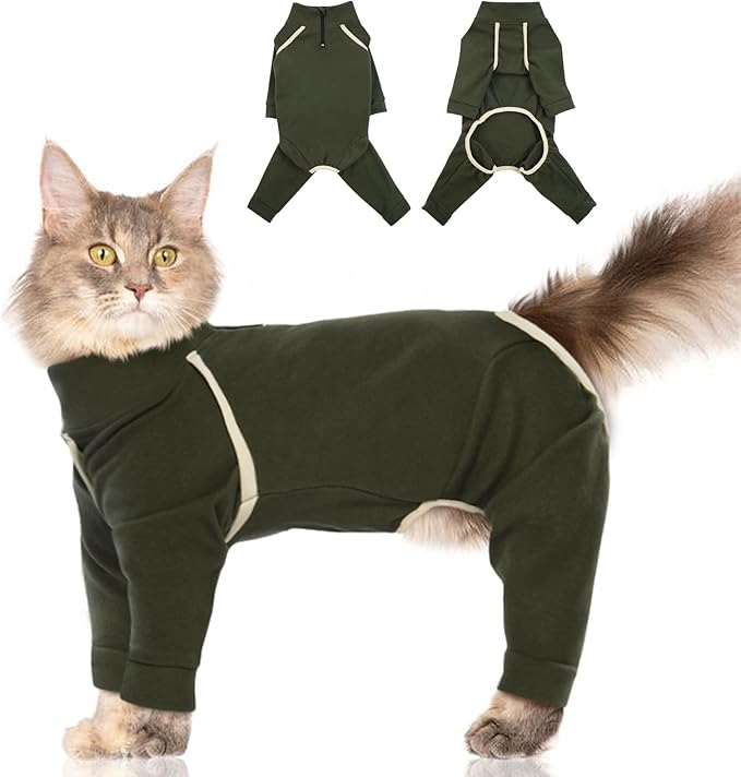Cat Hair Sticky Onesie - Army Green, XL - Cat Clothes: Male Pajamas, Anti-Licking Suit