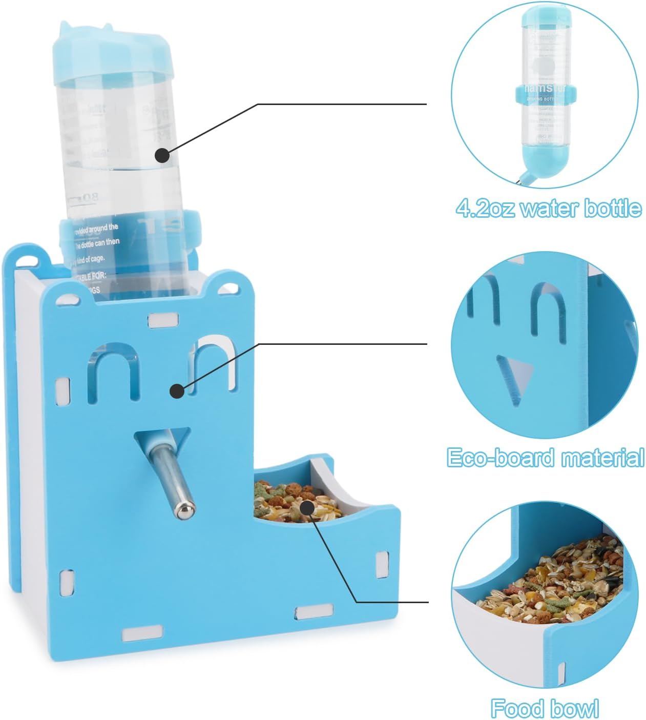 2 in 1 Hamster Hanging Water Bottle Pet Auto Dispenser with Base for Hamster Mice Gerbil Hedgehog (Smile Blue)
