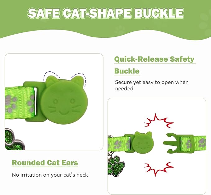 4PCS Breakaway Cat Collars,Reflective Cat Collar with Bells,Kitten Collars for Boy&Girl Cats Breakaway Collar for Cats with Paw Pendant 6-9 Inch(Black+Blue+Green+Grey)