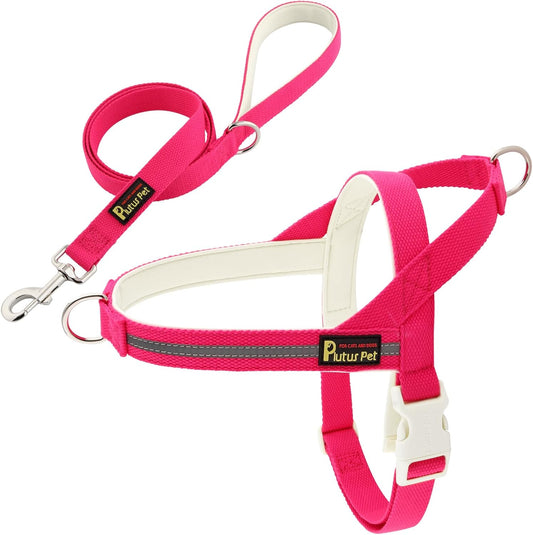 Plutus Pet Cotton Dog Harness and Leash Set, Reflective and Soft Padded, Quick Fit Vest Harness, for Small, Medium and Large Dogs, Hot Pink, M