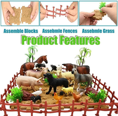 BOLZRA Farm Animal Figurines, Realistic Plastic Animals Toys with Fences Building Blocks, Farm Figures Playset Educational Birthday Gift for Kids & Toddlers, 53 PCS