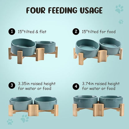 SPUNKYJUNKY 15° Slanted Ceramic Dog and Cat Bowl with Wooden Stand, Tilted Bulldog Food and Water Bowl No Slip Non-Spill for Cats Medium Dogs Big Face Pets 13.5 OZ (1.7 Cups, Light Green × 2)