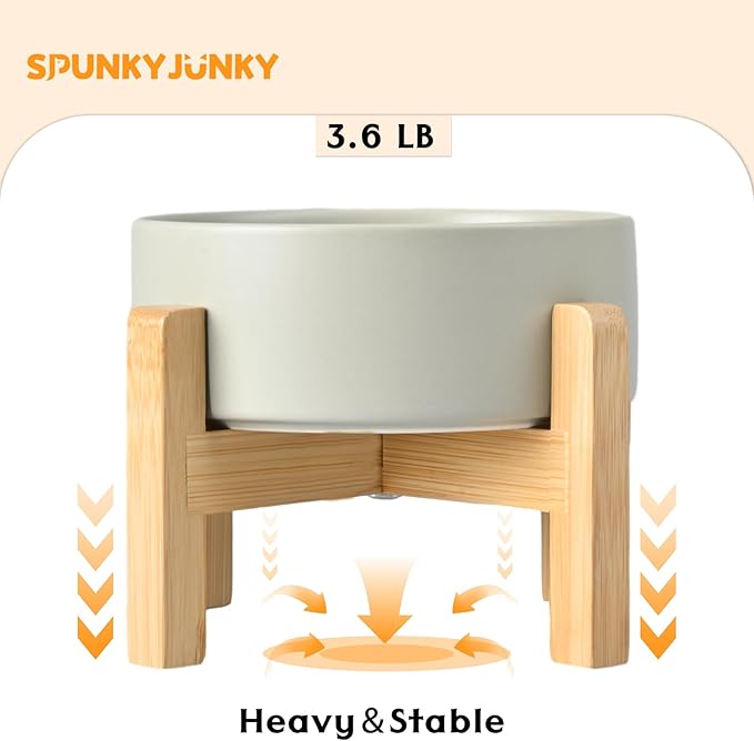 SPUNKYJUNKY Ceramic Elevated Dog Bowls 2 Pack - 8.3inch Raised Dog Bowls with Non-Slip Wooden Stand for Large Dogs Dishwasher Safe(Grey,60OZ*2)