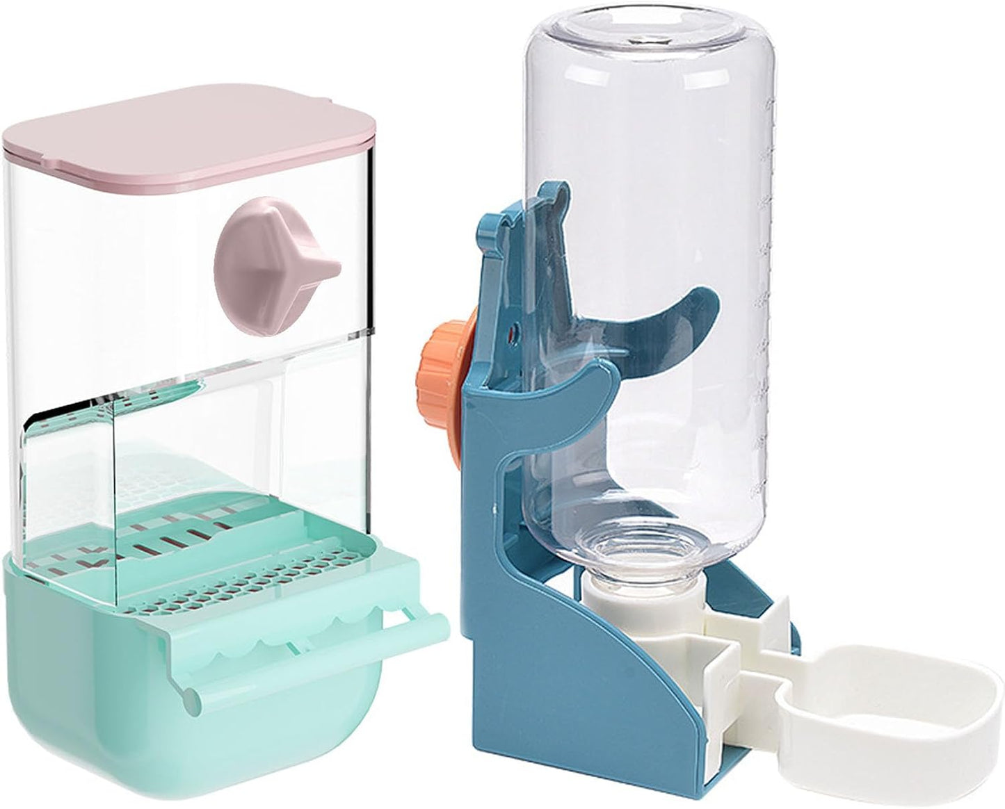 No Mess Bird Feeder Water Dispenser Set, Automatic Transparent Parrot Feeder Acrylic Parrot Food Container Drinker Cage Accessories for Small Birds Canary Parakeet Finch (Blue+Blue, 1)