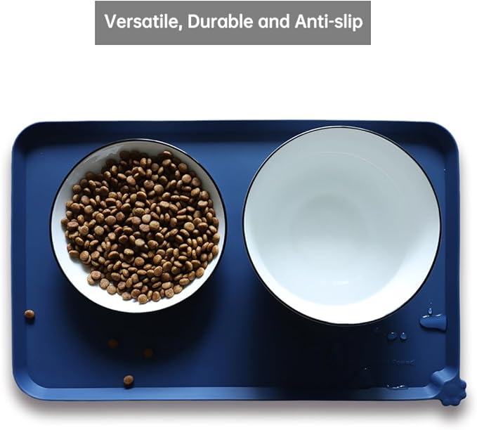 Hoki Found Silicone Pet Food Mats - Non Slip Dog Cat Bowl Placemats - Waterproof Dog Cat Food Mats - Suitable for Carpet - Indigo Ink
