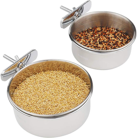 2-Pack Bird Parrot Feeding Cups with Clamp, Stainless Steel Food Water Bowls Dish for Small Animal, Chinchilla, Ferret, Cockatiel, Conure, Parakeet