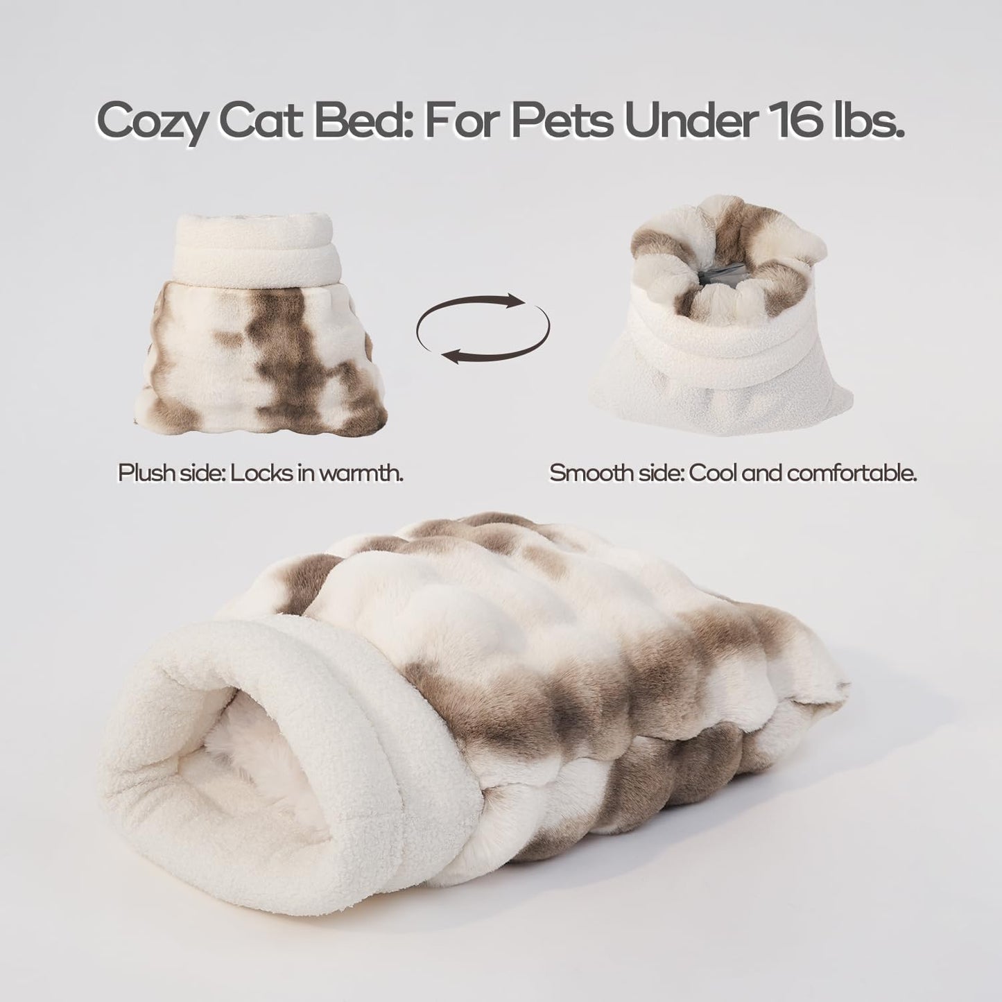 Cat Sleeping Bags for Indoor Cats Self Warming Cat Bed Fits up to 15 lbs Pets Soft Plush Warm Bed 360° Wrap Bag Washable Comfortable Pet Sleeping Bed 21" × 17" Coffee White