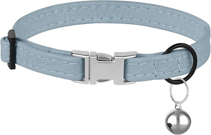 Leather Cat Collar with Buckle and Removable Bell - Non Breakaway Adjustable Soft Safety Small Pet Collars for Girl Boy Cats Kitten (Cornflower)