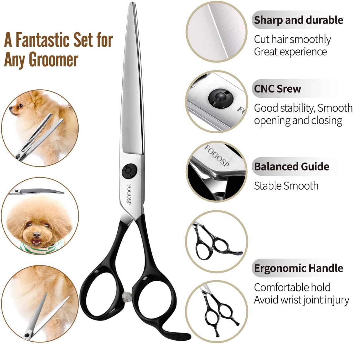 Professional 7.5" Dog Grooming Scissors Kit 4pcs, JP 440C Stainless Steel Curved Blender Straight Chunker Shears for Dog Cat and Pets (7.5 in Kit, Black)