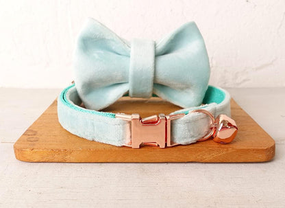 Cat Collar Personalized with Name Engraved and Bell, Customized Velvet Collars for Puppy Kittens (Aqua, L)