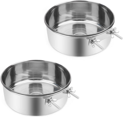Wontee Pet Food Water Bowl with Clamp Holder Stainless Steel Feeding Cups Feeder for Dog Bird Parrot Cat Rabbit, 2 Packs (XL)