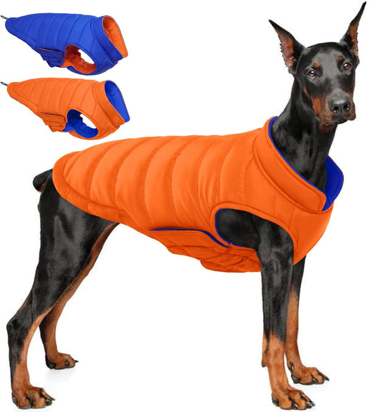 QBLEEV Reversible Dog Coat for Large Dogs, Waterproof Windproof Winter Jacket Keeps Big Breeds Warm & Dry, Adjustable Hook & Loop Puffer Vest, Orange, 3XL – Fits Labrador, Weimaraner, Great Dane