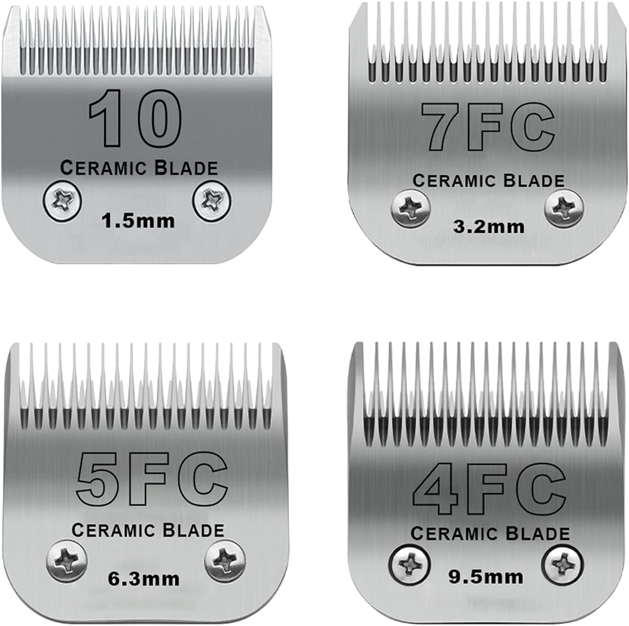 Size 10/7FC/5FC/4FC Detachable Pet Dog Grooming Clipper Ceramic Blades Set,Compatible with Andis,Oster A5,Wahl KM10 Series Clippers,Cut Length 1/16"(1.5mm) to 3/8"(9.5mm),4 Pack