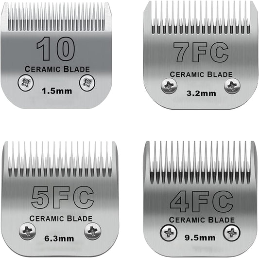Size 10/7FC/5FC/4FC Detachable Pet Dog Grooming Clipper Ceramic Blades Set,Compatible with Andis,Oster A5,Wahl KM10 Series Clippers,Cut Length 1/16"(1.5mm) to 3/8"(9.5mm),4 Pack