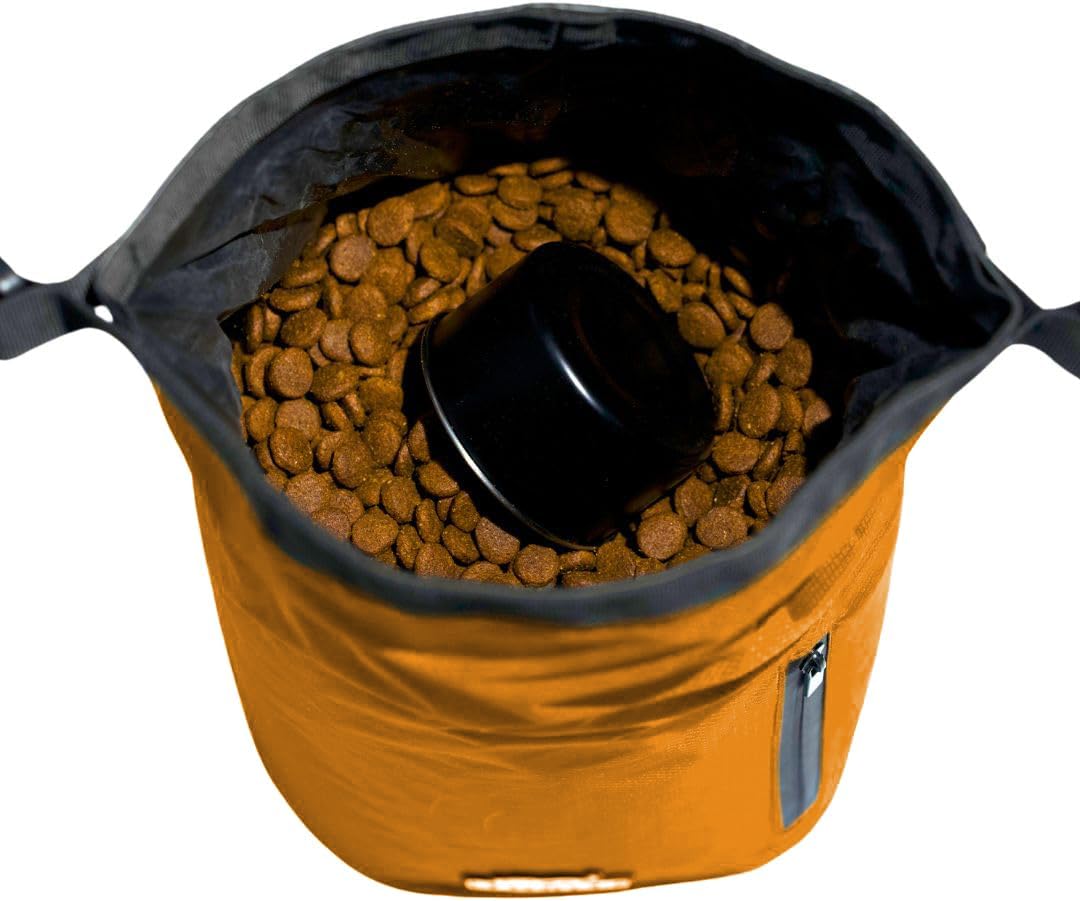 Callieco Dog Food Travel Bag w/ 1 Cup Scoop and Zipper Side Pocket | Waterproof Kibble Storage Container for Home, Road Trips, Camping, Boarding and More (Orange, 32 Cups)