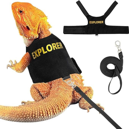 Bearded Dragon Harness and Leash Set - Cute Lizard Reptile Small Animal Adjustable Harness Clothes with Short Leash for Walking Outdoor (Black)