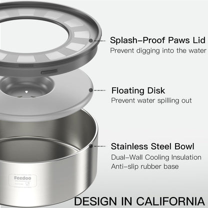 2L No Spill Water Bowl for Dogs, Double-Wall Stainless Steel with Splash-Proof Paws Lid and Floating Disk, Non-Slip Base, Easy to Clean Slow Water Feeder for Small Medium Dogs