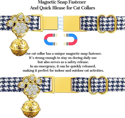 Personalized Breakaway Cat Collars - Magnetic Buckle, Bell - Safety Quick Release, Customized for Girls & Boys Cats- (Houndstooth-Navy)