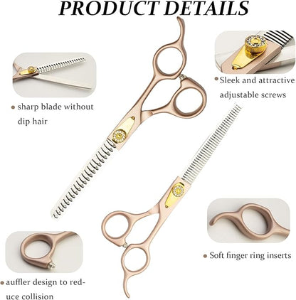 7.5‘’ Professional Dog Grooming Scissors Kit Rose Gold Stainless Steel Dog Scissors for Grooming 6 in 1 Grooming Shears Set for Dogs Cat Pet