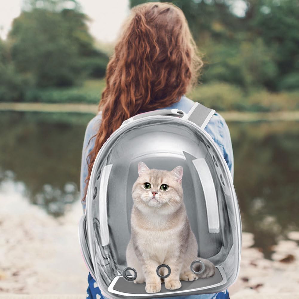 Pet Backpack Carrier with Harness Backpack with Bubble Clear Front for Cats, Small Dogs, Bunnies etc with Harness Included, Pet Carrier for Traveling, Walking, Hiking and Outdoor Activities