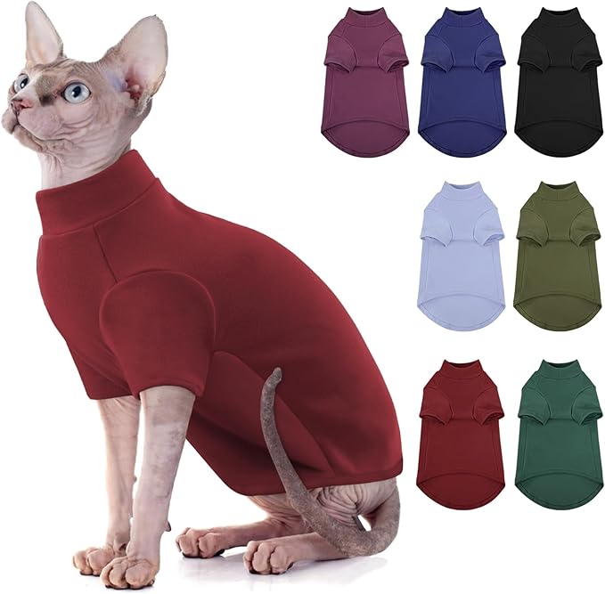 SUNFURA Turtleneck Sweater for Cat, Sphynx Hairless Cats Shirt Sweaters with Sleeves, Warm and Soft Kitten Pullover Fleece Winter Pajamas Jumpsuit for Puppy, Burgundy L