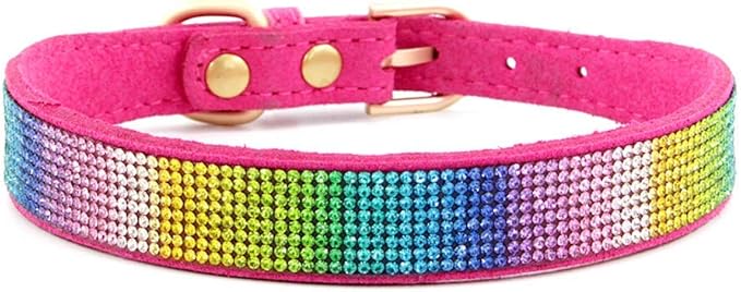 Rhinestone Dog Collar, Cute Dazzling Sparkling Soft Suede Leather Adjustable Pet Dog Cat Collar Crystal Diamond for Puppy Small Medium Large Dogs (XS:21-26cm, Hot Pink-2)