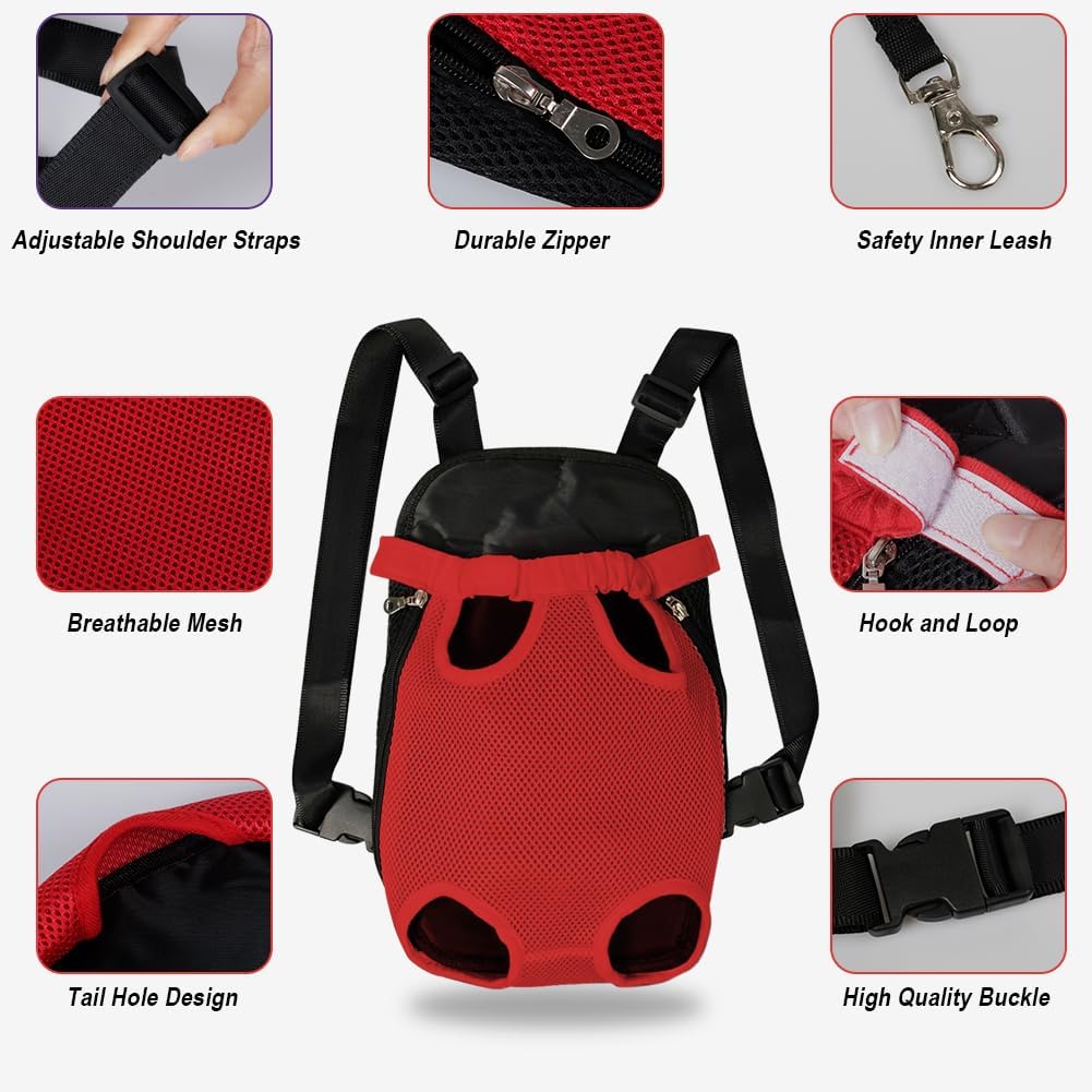 FEimaX Dog Carrier Backpack Pet Legs Out Front Cat Travel Bag, Adjustable Puppy Backpacks Carriers Hands-Free for Small Medium Dogs Cats Hiking Traveling Camping Daily Walking (Small, Red)
