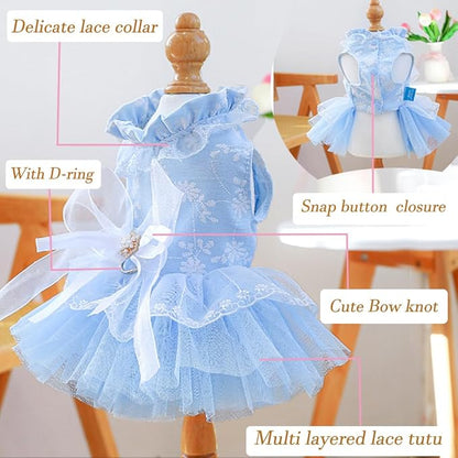 ANIAC Daisy Small Dog Dresses Female with Leash Ring,Bow Knot Girl Puppy Wedding Dress,Valentine's Cat Outfit,Fancy Pet Party Dress for Kitten Chihuahua Yorkie Pomeranian (Blue, X-Large)